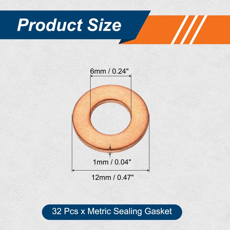 32 Pcs M6 Flat Washer, 6mm ID 12mm OD 1mm Thickness Copper Sealing Ring