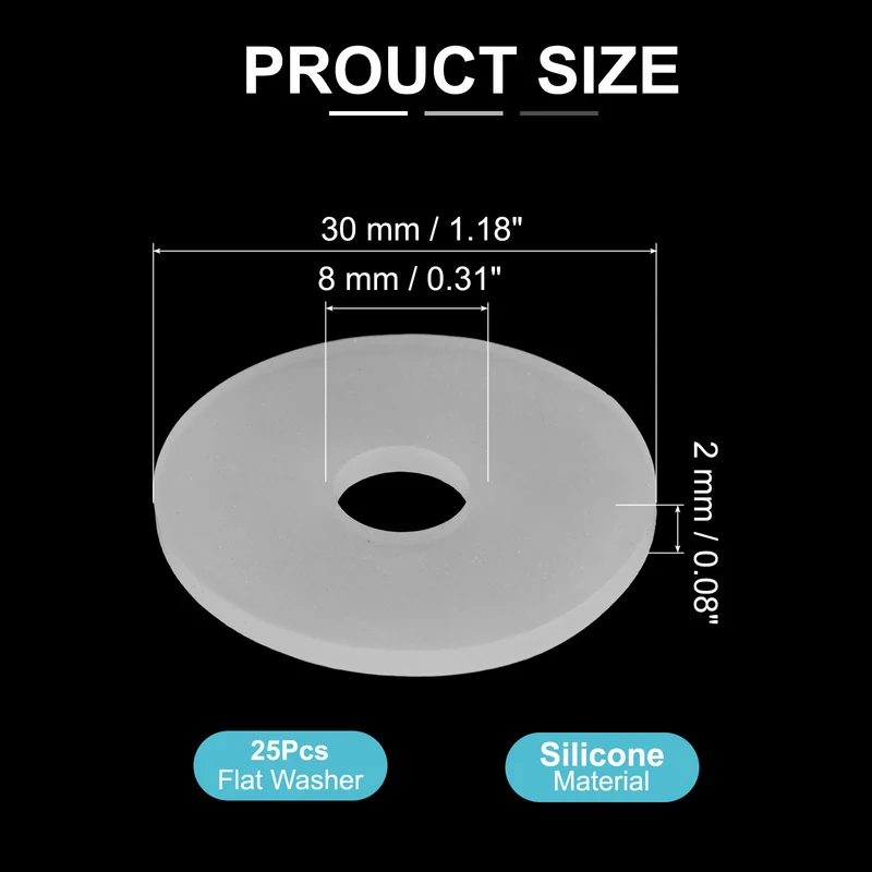 25Pcs M8 Silicone Flat Washer 8mm ID 30mm OD 2mm Thick O Sealing Ring