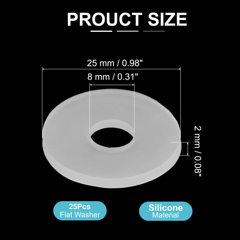 25Pcs M8 Silicone Flat Washer 8mm ID 25mm OD 2mm Thick O Sealing Ring