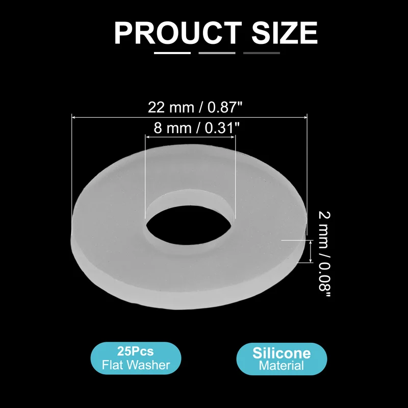 25Pcs M8 Silicone Flat Washer 8mm ID 22mm OD 2mm Thick O Sealing Ring