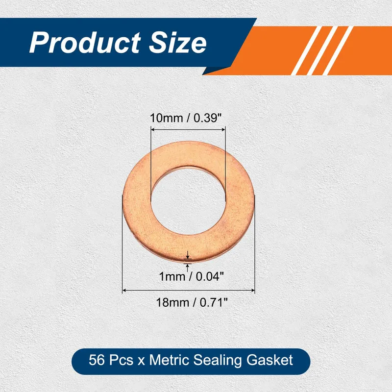 56 Pcs M10 Flat Washer, 10mm ID 18mm OD 1mm Thickness Copper Sealing Ring