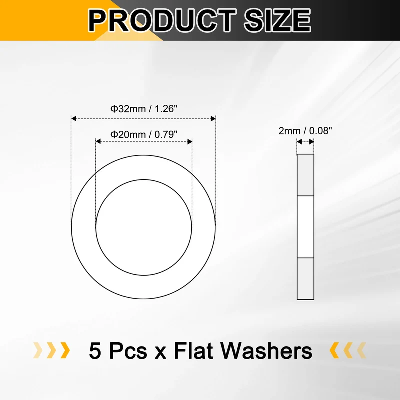 Flat Washers, (M20x32x2mm, Golden) (5 Pcs), Brass Sealing Gasket Rings
