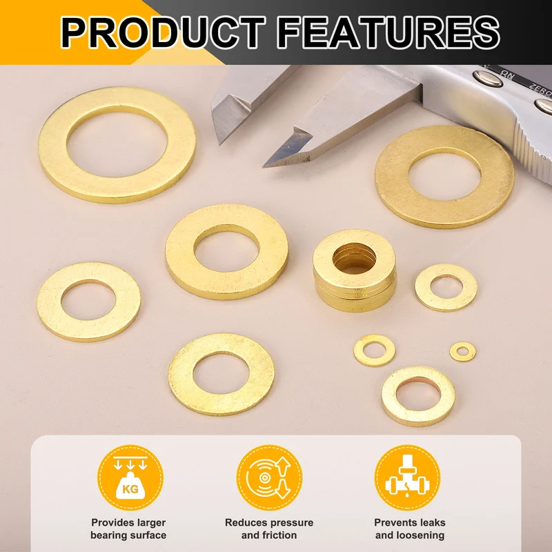 Flat Washers, (M16x30x2mm, Golden) (5 Pcs), Brass Sealing Gasket Rings