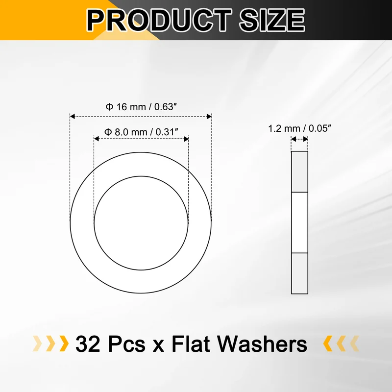 Flat Washers, (M8x16x1.2mm, Golden) (32 Pcs), Brass Sealing Gasket Rings