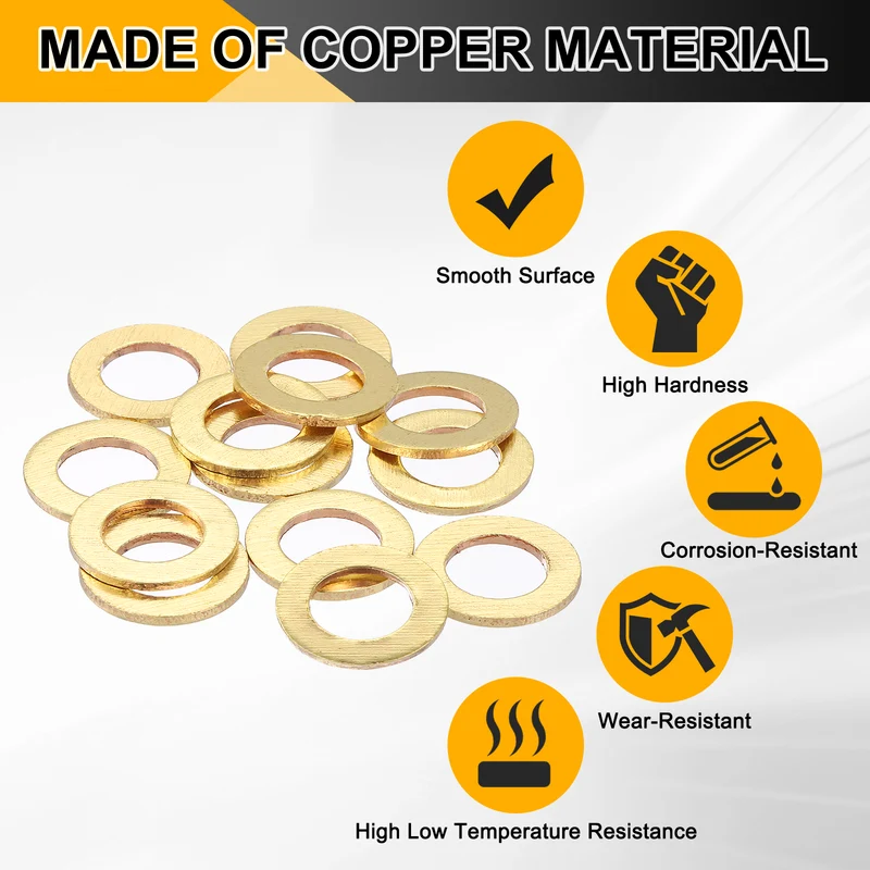 Flat Washers, (M8x14x1.5mm, Golden) (16 Pcs), Brass Sealing Gasket Rings