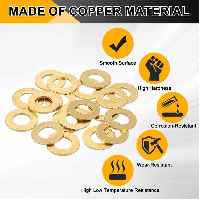 Flat Washers, (M10x20x1.2mm, Golden) (25 Pcs), Brass Sealing Gasket Rings