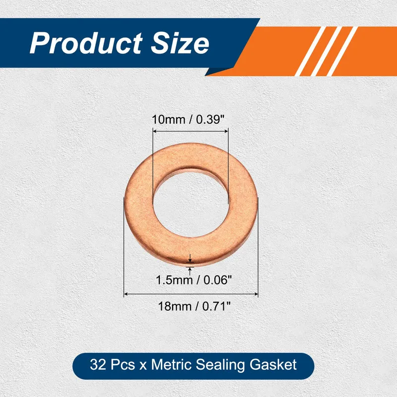 32 Pcs M10 Flat Washer, 10mm ID 18mm OD 1.5mm Thickness Copper Sealing Ring