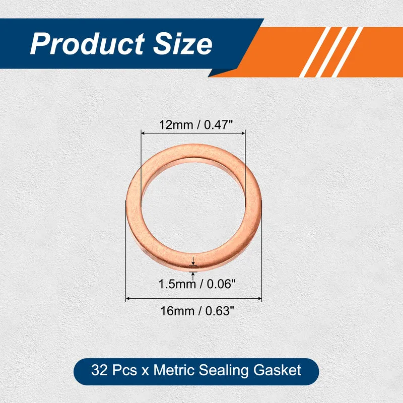 32 Pcs M12 Flat Washer, 12mm ID 16mm OD 1.5mm Thickness Copper Sealing Ring