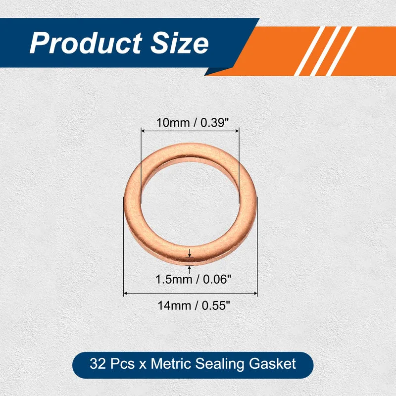 32 Pcs M10 Flat Washer, 10mm ID 14mm OD 1.5mm Thickness Copper Sealing Ring