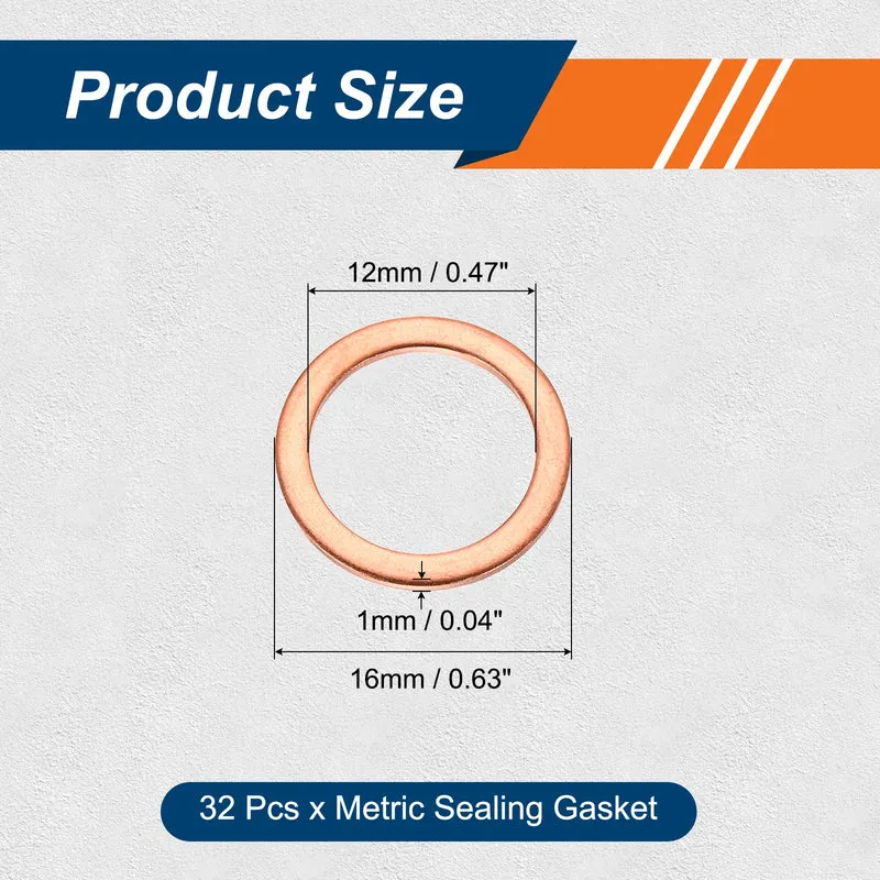32 Pcs M12 Flat Washer, 12mm ID 16mm OD 1mm Thickness Copper Sealing Ring