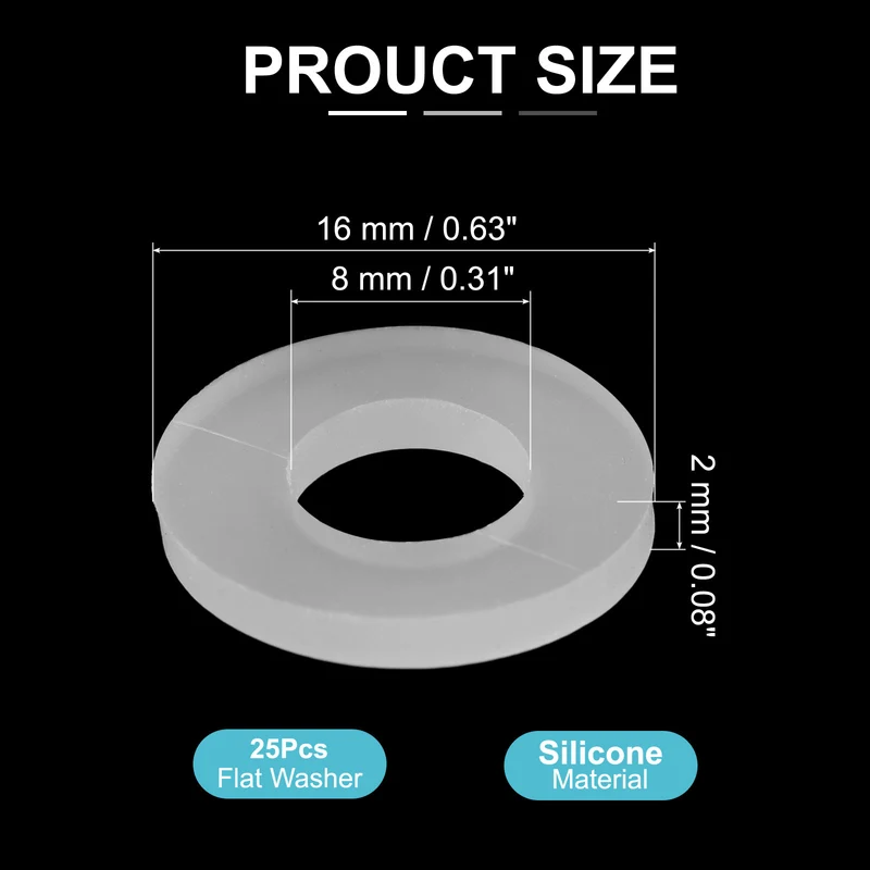 25Pcs M8 Silicone Flat Washer 8mm ID 16mm OD 2mm Thick O Sealing Ring
