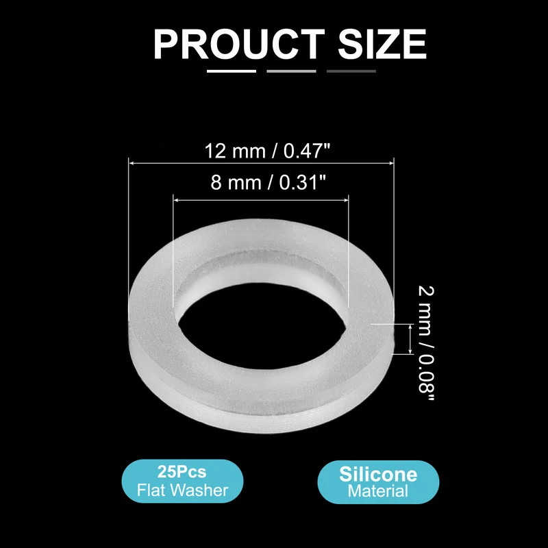 25Pcs M8 Silicone Flat Washer 8mm ID 12mm OD 2mm Thick O Sealing Ring