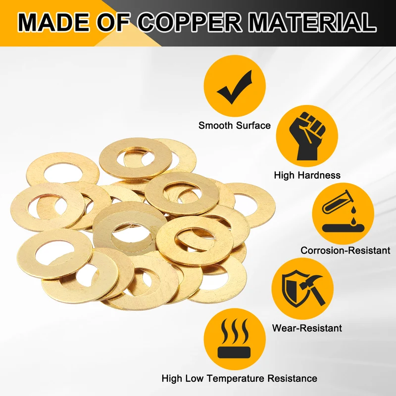 Flat Washers, (M12x24x1.2mm, Golden) (32 Pcs), Brass Sealing Gasket Rings
