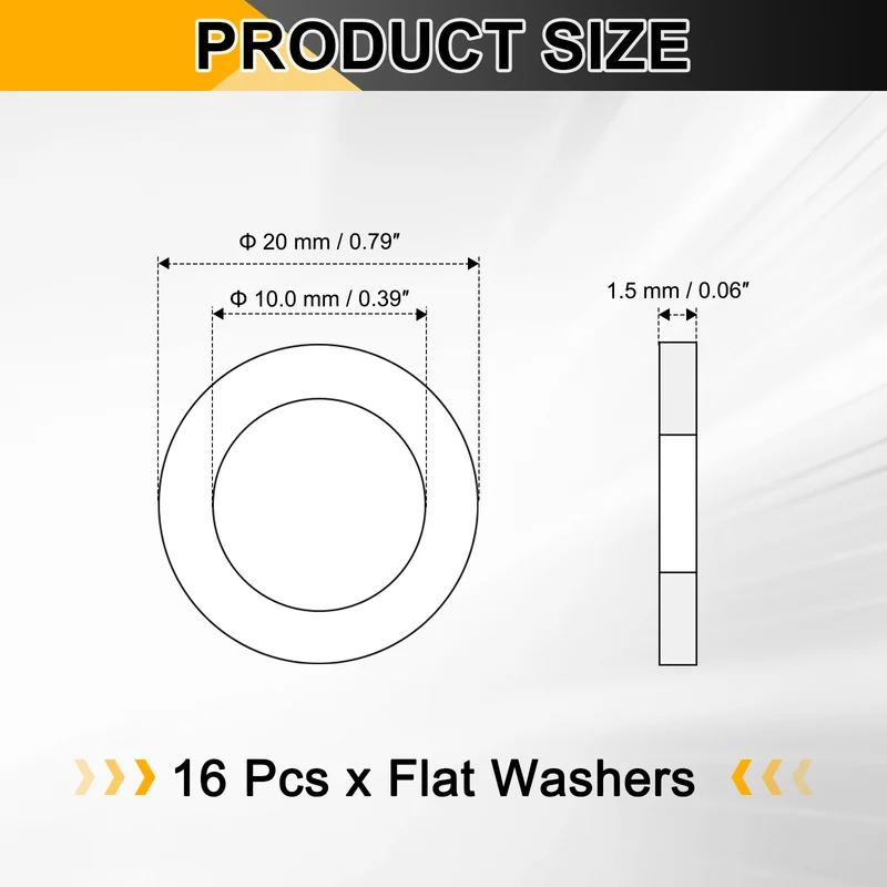 Flat Washers, (M10x20x1.5mm, Golden) (16 Pcs), Brass Sealing Gasket Rings