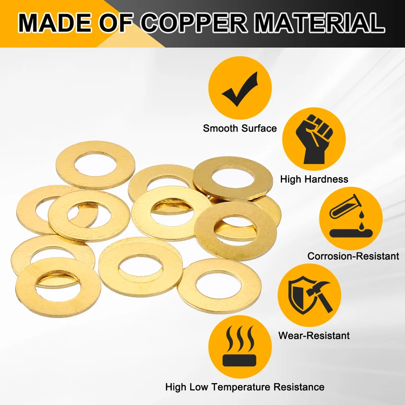 Flat Washers, (M10x20x1.5mm, Golden) (16 Pcs), Brass Sealing Gasket Rings