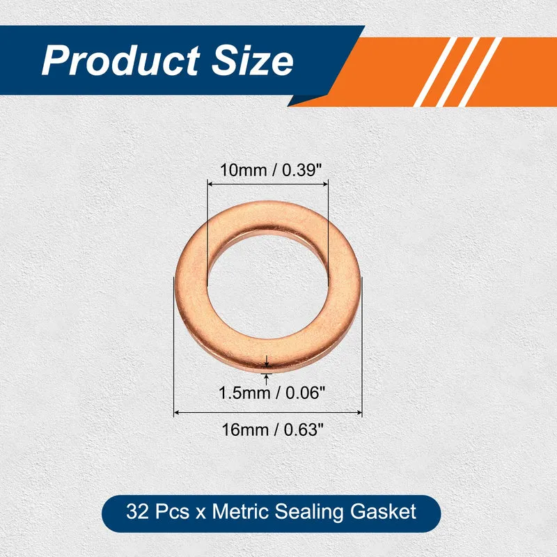 32 Pcs M10 Flat Washer, 10mm ID 16mm OD 1.5mm Thickness Copper Sealing Ring