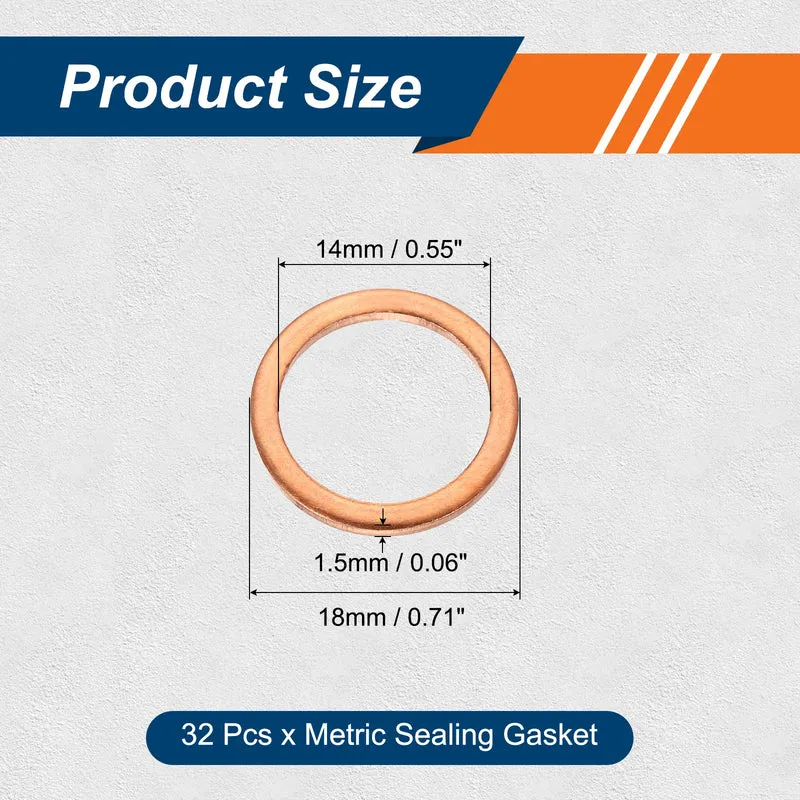 32 Pcs M14 Flat Washer, 14mm ID 18mm OD 1.5mm Thickness Copper Sealing Ring