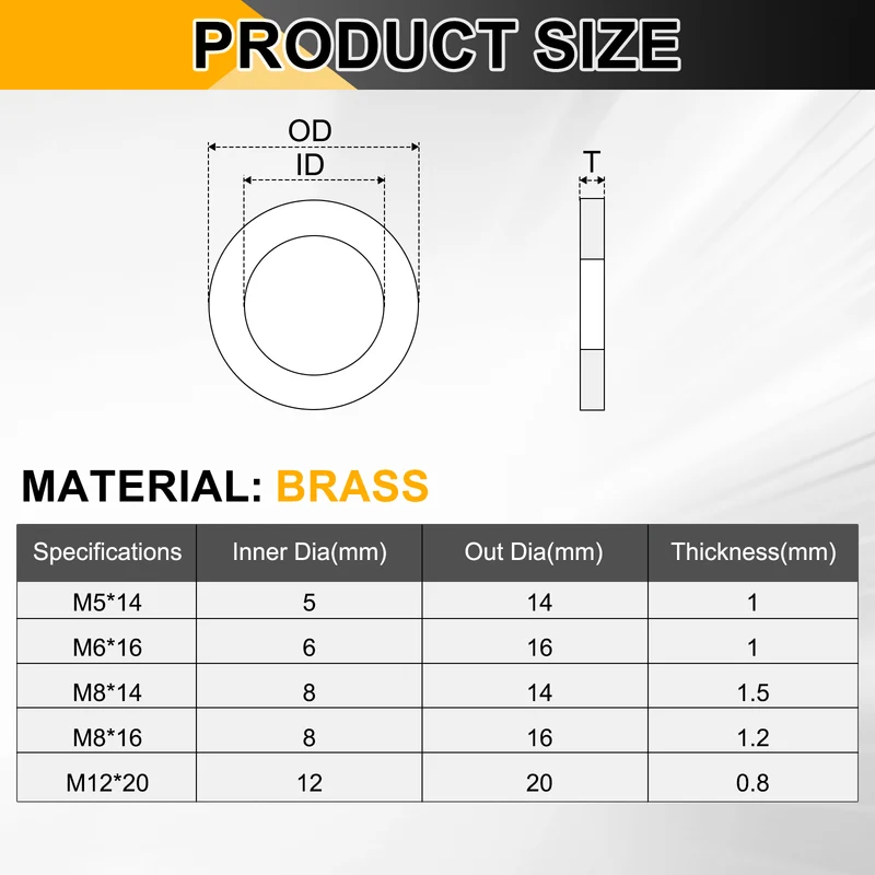 M5x14x1mm Flat Washer, 36PCS Brass Automotive Drain Plug Gasket, Golden