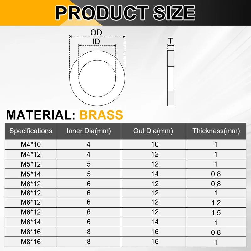 M5x12x1mm Flat Washer, 56PCS Brass Automotive Drain Plug Gasket, Golden
