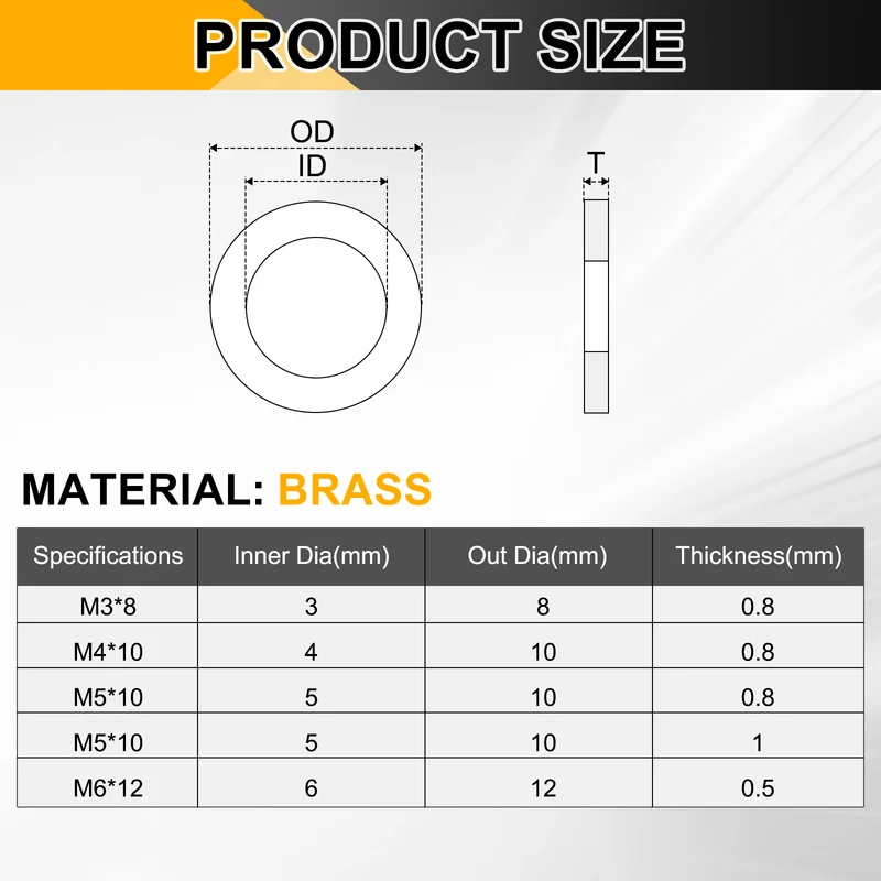 M5x10x0.8mm Flat Washer, 110PCS Brass Automotive Drain Plug Gasket, Golden