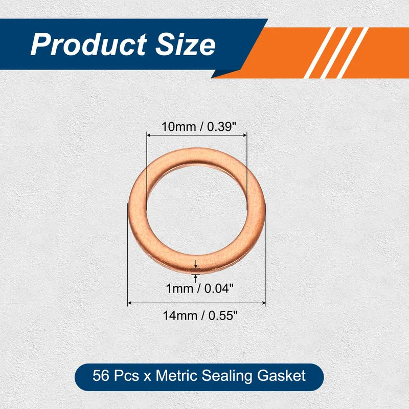 56 Pcs M10 Flat Washer, 10mm ID 14mm OD 1mm Thickness Copper Sealing Ring