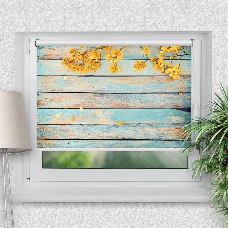 Klemmfix Rollo "Gelbe Blueten auf Vintage Holz" | Motiv-Klemmrollo