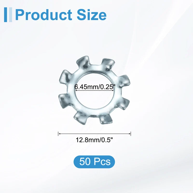 50Pcs 1/4" Zinc-Plated Carbon Steel External Tooth Lock Washer