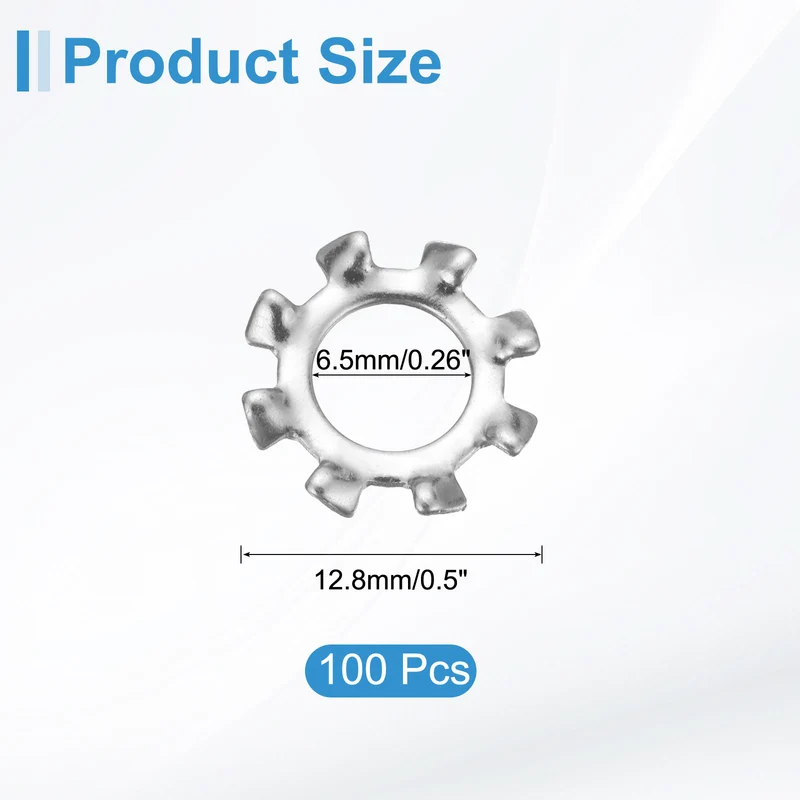 100Pcs 1/4" 304 Stainless Steel External Tooth Lock Washer