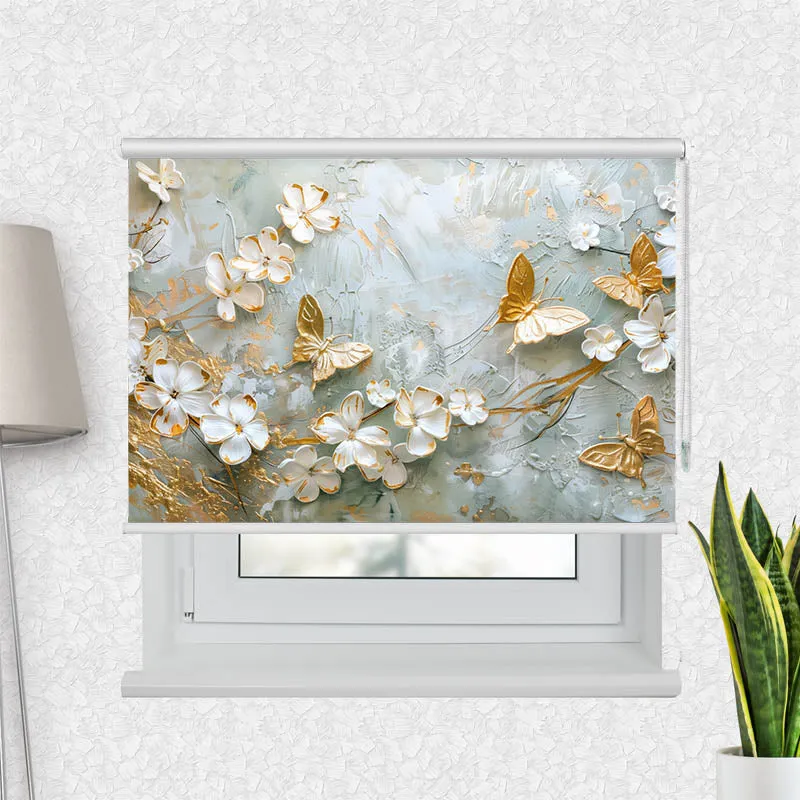Motivrollo 'Blumen mit Schmetterlingen Weiss Gold' | Bis B 430 x H 440 cm