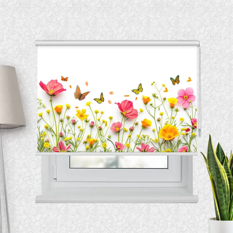 Motivrollo 'Blumen im Fruehling mit Schmetterlingen' | Bis B 430 x H 440 cm