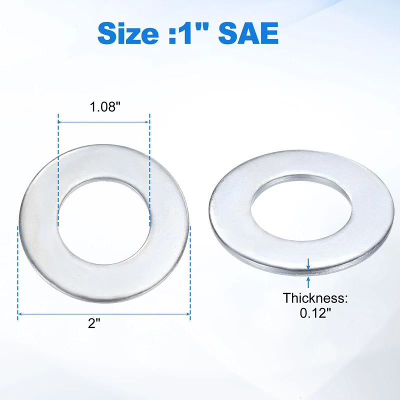 8Pcs 1" Carbon Steel SAE Flat Washers, 1.08" x 2" x 0.12", Silver Tone