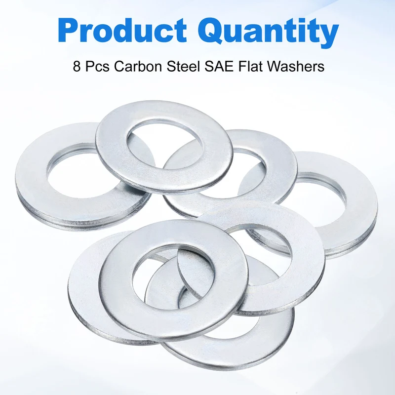 8Pcs 1" Carbon Steel SAE Flat Washers, 1.08" x 2" x 0.12", Silver Tone