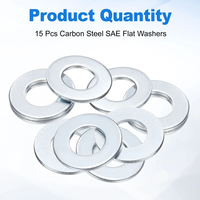15Pcs 9/16" Carbon Steel SAE Flat Washers, 0.59" x 1.16" x 0.08", Silver Tone