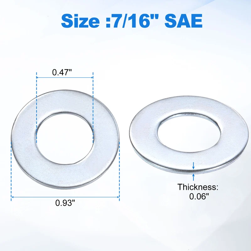 50Pcs 7/16" Carbon Steel SAE Flat Washers, 0.47" x 0.93" x 0.06", Silver Tone