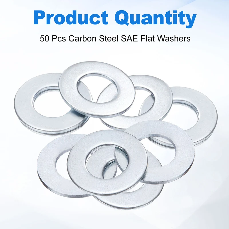 50Pcs 7/16" Carbon Steel SAE Flat Washers, 0.47" x 0.93" x 0.06", Silver Tone