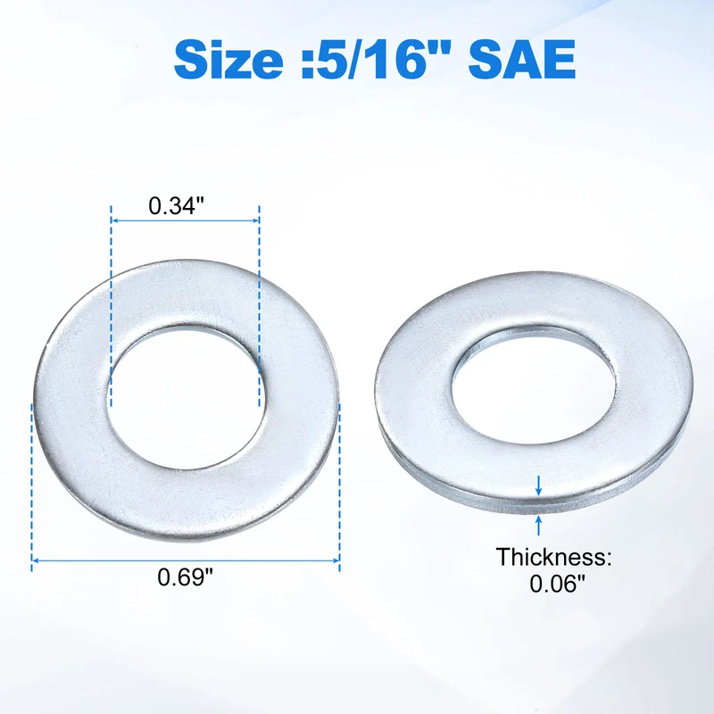 50Pcs 5/16" Carbon Steel SAE Flat Washers, 0.34" x 0.69" x 0.06", Silver Tone