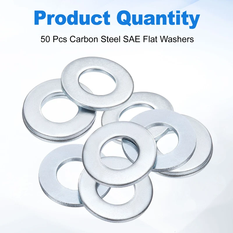 50Pcs 5/16" Carbon Steel SAE Flat Washers, 0.34" x 0.69" x 0.06", Silver Tone
