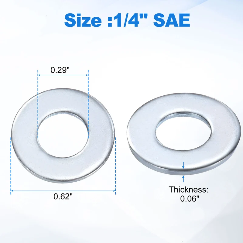 50Pcs 1/4" Carbon Steel SAE Flat Washers, 0.29" x 0.62" x 0.06", Silver Tone