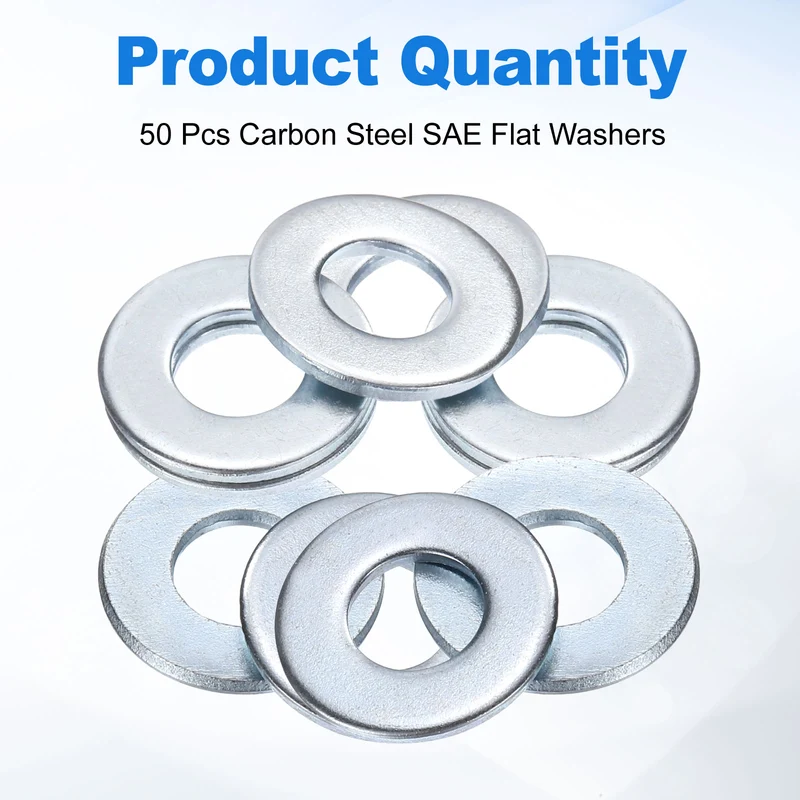 50Pcs 1/4" Carbon Steel SAE Flat Washers, 0.29" x 0.62" x 0.06", Silver Tone