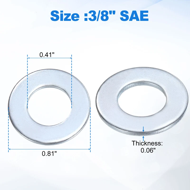 50Pcs 3/8" Carbon Steel SAE Flat Washers, 0.41" x 0.81" x 0.06", Silver Tone