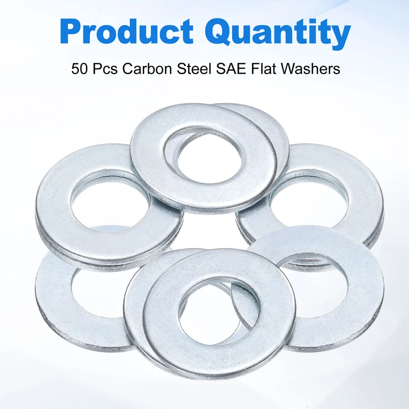 50Pcs 3/8" Carbon Steel SAE Flat Washers, 0.41" x 0.81" x 0.06", Silver Tone
