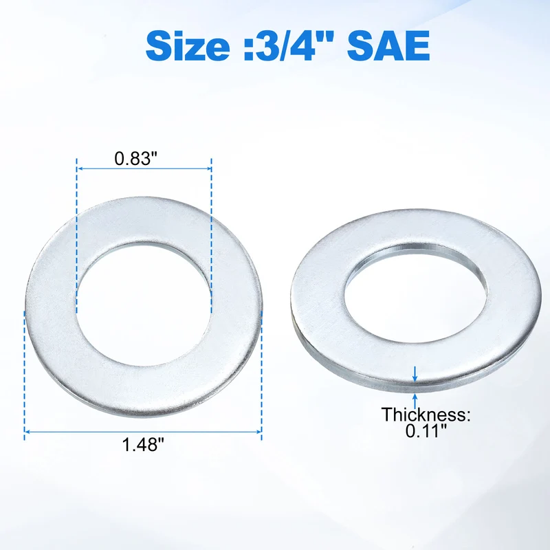 15Pcs 3/4" Carbon Steel SAE Flat Washers 0.83" x 1.48" x 0.11" Silver Tone