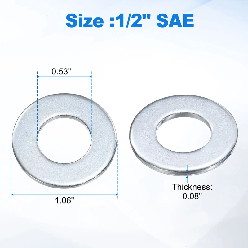 20Pcs 1/2" Carbon Steel SAE Flat Washers, 0.53" x 1.06" x 0.08", Silver Tone