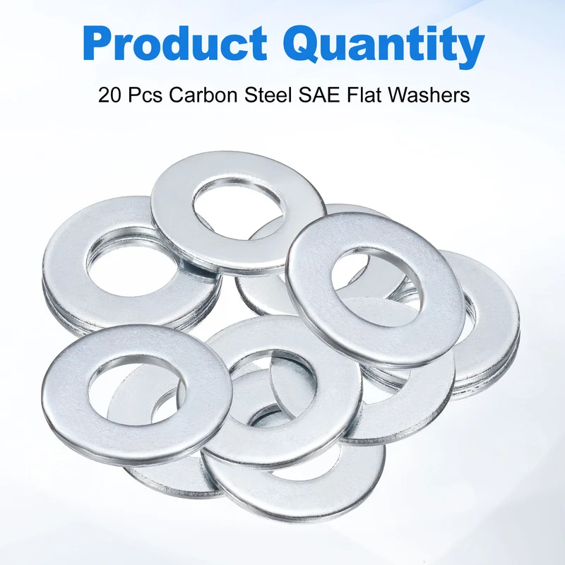 20Pcs 1/2" Carbon Steel SAE Flat Washers, 0.53" x 1.06" x 0.08", Silver Tone