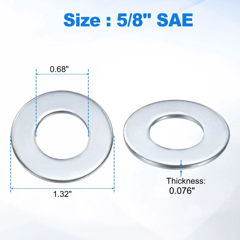 10Pcs 5/8" Carbon Steel SAE Flat Washers, 0.68" x 1.32" x 0.076", Silver Tone