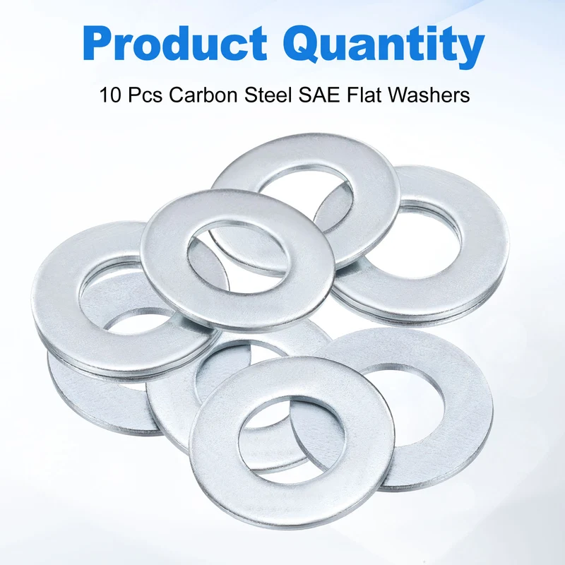 10Pcs 5/8" Carbon Steel SAE Flat Washers, 0.68" x 1.32" x 0.076", Silver Tone