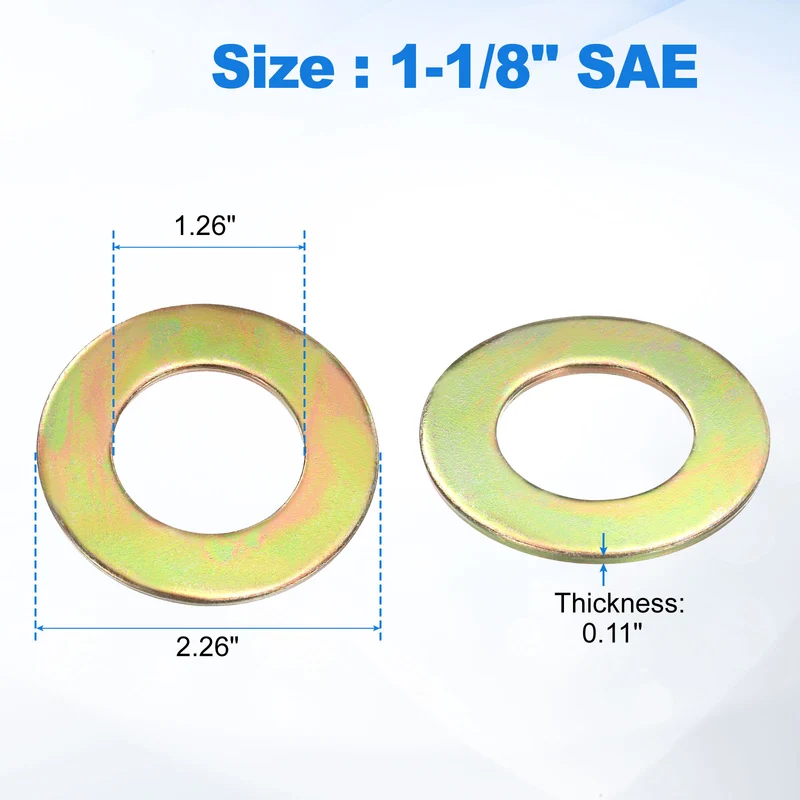 5Pcs 1-1/8" Carbon Steel SAE Flat Washers, 1.26" x 2.26" x 0.11", Zinc Yellow