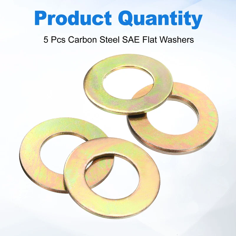 5Pcs 1-1/8" Carbon Steel SAE Flat Washers, 1.26" x 2.26" x 0.11", Zinc Yellow