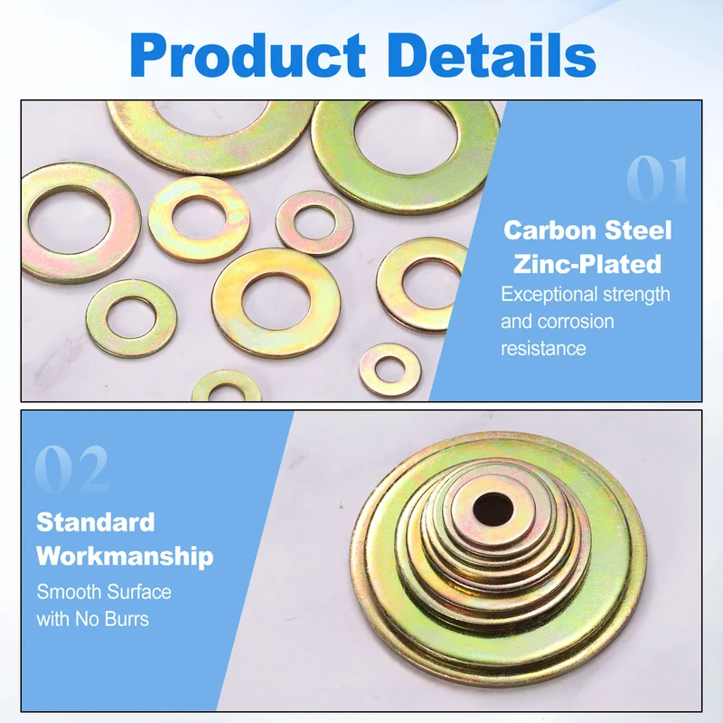 5Pcs 1-1/8" Carbon Steel SAE Flat Washers, 1.26" x 2.26" x 0.11", Zinc Yellow
