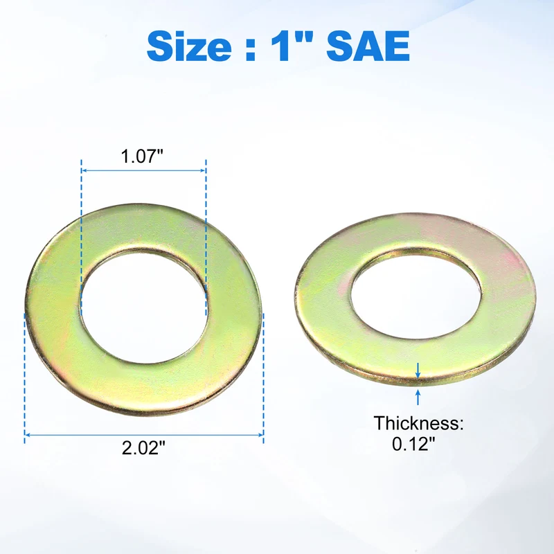 8Pcs 1" Carbon Steel SAE Flat Washers, 1.07" x 2.02" x 0.12", Zinc Yellow